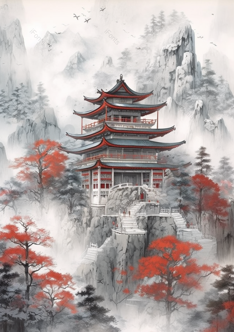 雪山上建筑国风意境雪景红梅插画,插画/手绘图,插画/手绘图库,插画/手绘图下载,插画/手绘